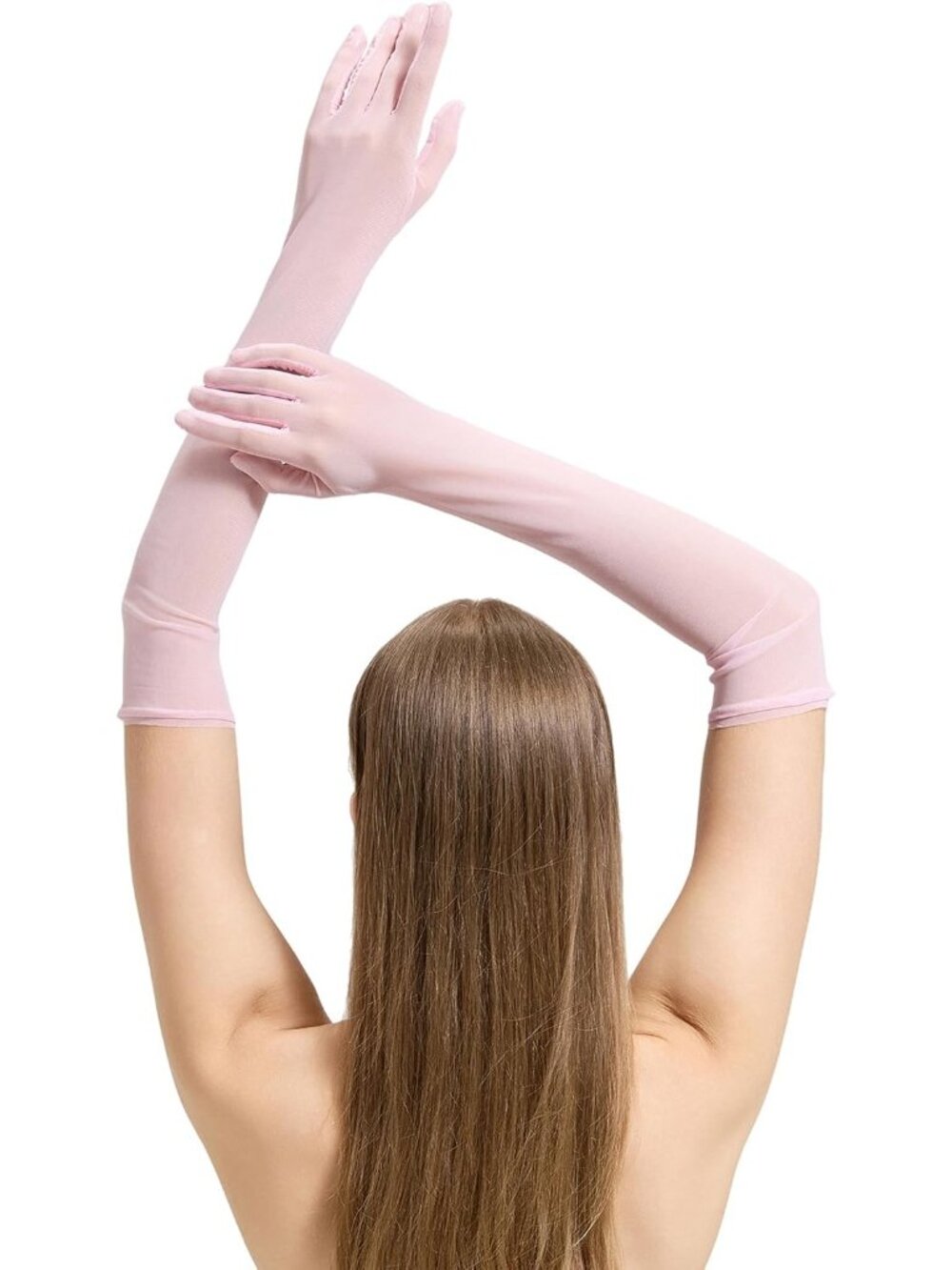 Women's Pink Elbow Stretchy Long Halloween Sheer Mesh Tulle Opera Gloves